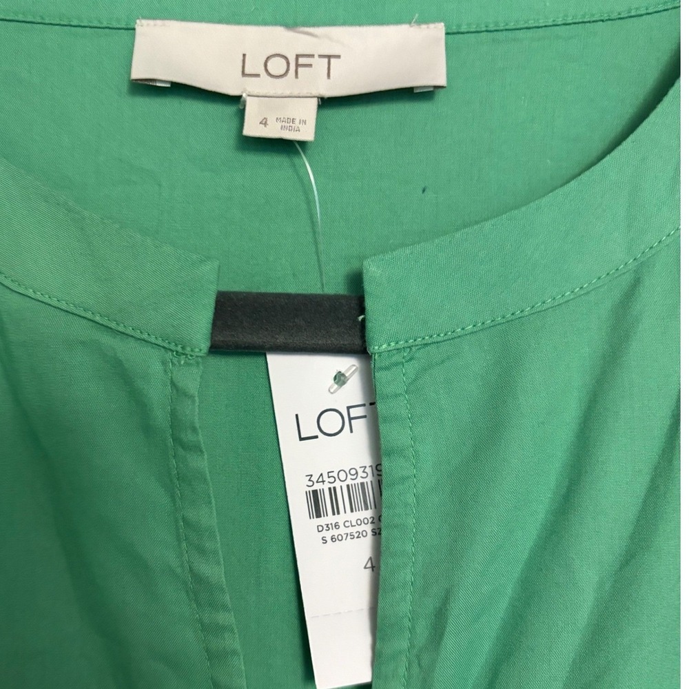New LOFT Kelly Green Puff Sleeve‎ Tiered Midi Dress Button Front Casual Size 4 - Picture 2 of 9